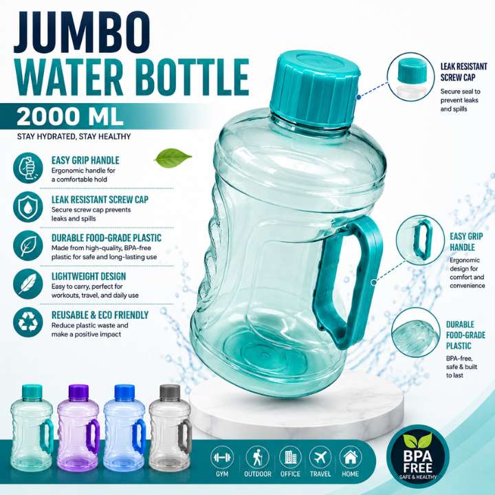 Jumbo Water Bottle - 2 Liter Leakproof Refrigerator Water Bottle | Bubble Textured BPA-Free PET Plastic Fridge Bottle Set 2000ML
