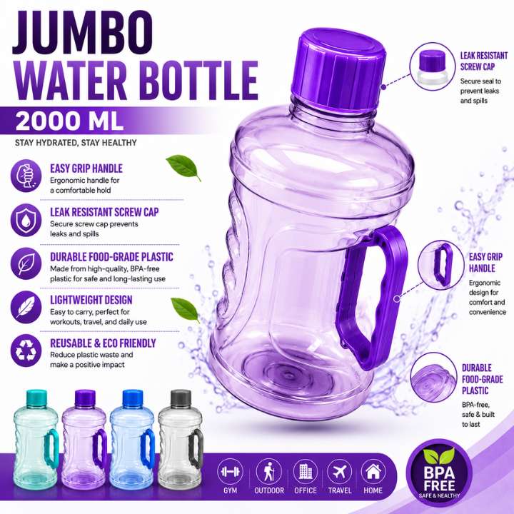 Jumbo Water Bottle - 2 Liter Leakproof Refrigerator Water Bottle | Bubble Textured BPA-Free PET Plastic Fridge Bottle Set 2000ML