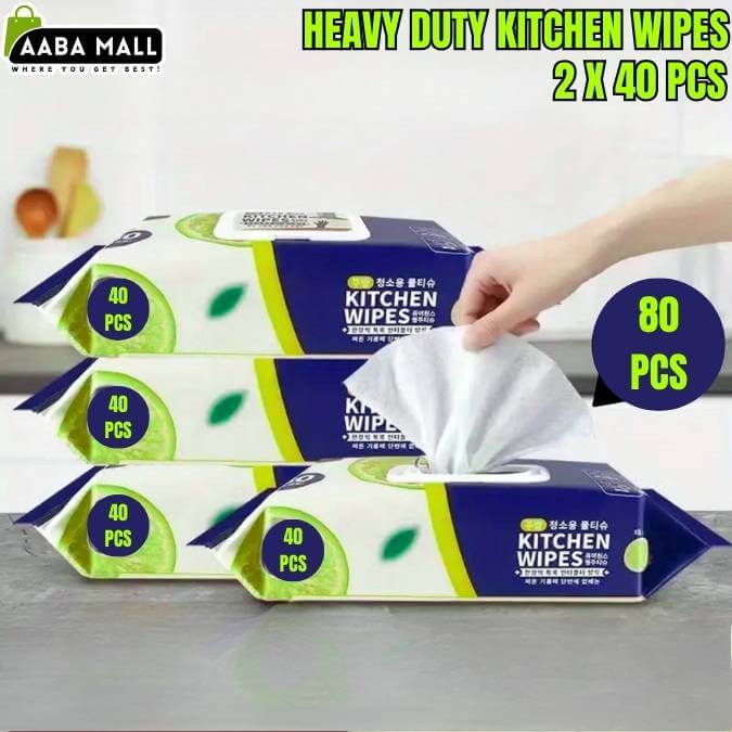 Heavy duty kitchen wipes packaging with a hand taking a wipe, displayed on a white background.