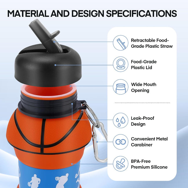 Kids collapsible ball shaped silicone water bottle, foldable BPA free leakproof jug for school lunch and sports team gift