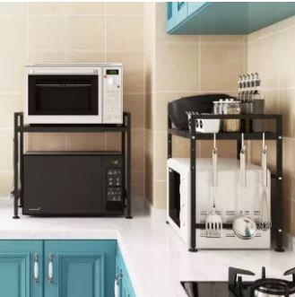 Expandable and Height Adjustable 2-Tier Kitchen Counter Microwave Shelf Organizer with 3 Hooks - AABA MALL