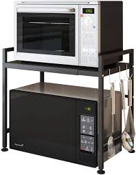 Expandable and Height Adjustable 2-Tier Kitchen Counter Microwave Shelf Organizer with 3 Hooks