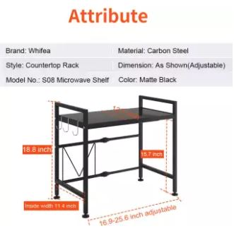 Expandable and Height Adjustable 2-Tier Kitchen Counter Microwave Shelf Organizer with 3 Hooks