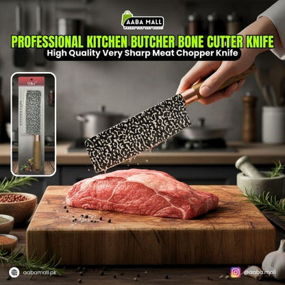 Butcher knife cutting meat on a wooden board with AABA MALL branding.
