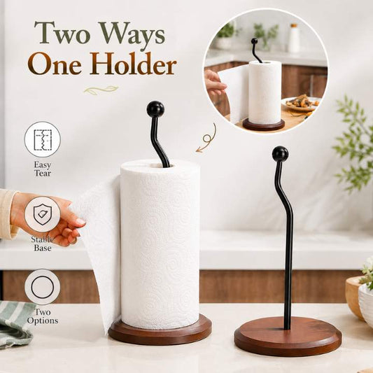 Kitchen Paper Towel Holder Tissue(Wooden Base & Metal Stand) | Vertical Household Oil Blotting Paper Storage Stand | Toilet Tissue Roll Organizer for Kitchen & Bathroom
