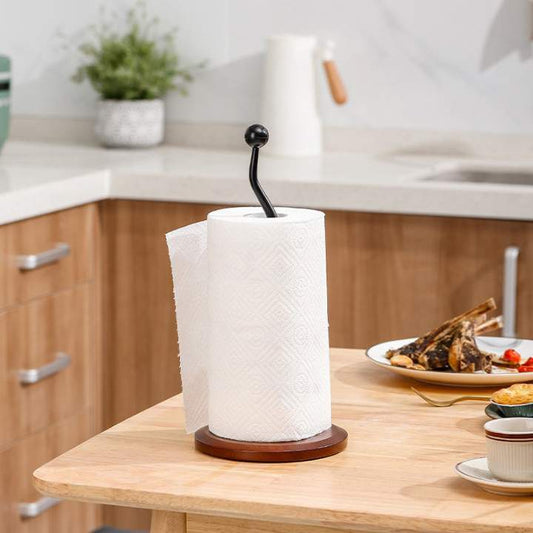 Kitchen Paper Towel Holder (Wooden Base & Metal Stand) | Vertical Household Oil Blotting Paper Storage Stand | Toilet Tissue Roll Organizer for Kitchen & Bathroom
