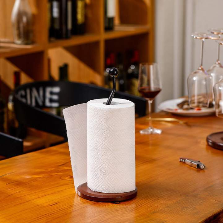 Kitchen Paper Towel Holder Tissue(Wooden Base & Metal Stand) | Vertical Household Oil Blotting Paper Storage Stand | Toilet Tissue Roll Organizer for Kitchen & Bathroom