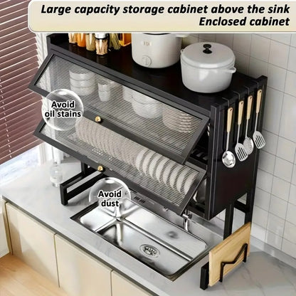 Large 75cm Double-Layer Covered Kitchen Sink Dish Rack – Space Saving Bowl & Plate Drainer | Heavy Duty Iron Dish Organizer (75cm Length | 10kg Load Capacity) - AABA MALL