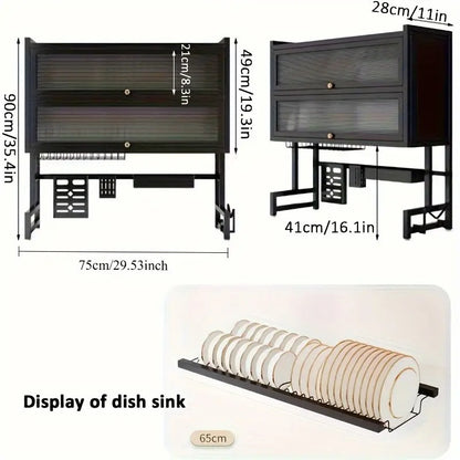 Heavy-duty 75cm kitchen dish rack with top cover for hygiene