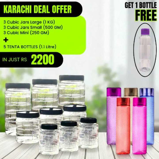 Promotional offer for Karachi Deal with jars and bottles on a wooden surface.