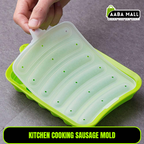 Green kitchen cooking sausage mold with a hand lifting the lid on a gray background, branded 'AABA MALL'.