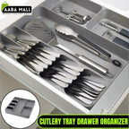 Cutlery tray drawer organizer with silver cutlery and tools on a gray background, featuring AABA MALL branding.
