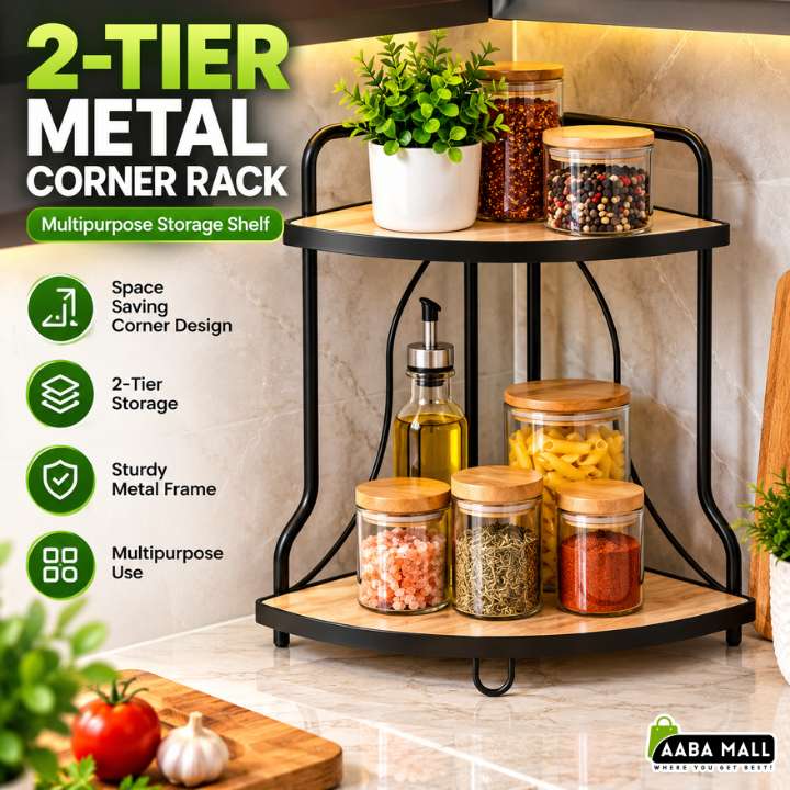 Kitchen & Home 2-tier metal corner rack organizer for kitchen countertop, bathroom accessories, spices, toiletries, and home storage