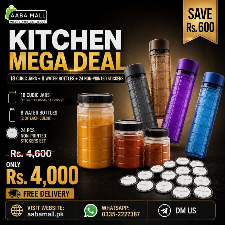 Kitchen Mega Deal – 18 Transparent Cubic Jars + 8 Multi‑Color Water Bottles + 24 Sticker Set | Premium Kitchen Storage Combo