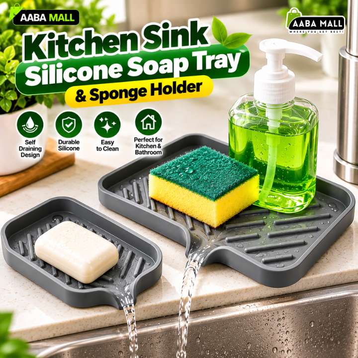 Sink silicone tray with drain kitchen sponge holder soap dish organizer for countertop storage and brush holder