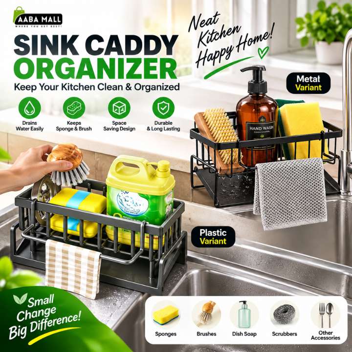 Sink caddy organizer shown in a kitchen sink setting, with both metal and plastic variants displayed. The organizer holds a hand soap bottle, sponge, scrubber, dish soap, sponge brush, and a hanging towel.