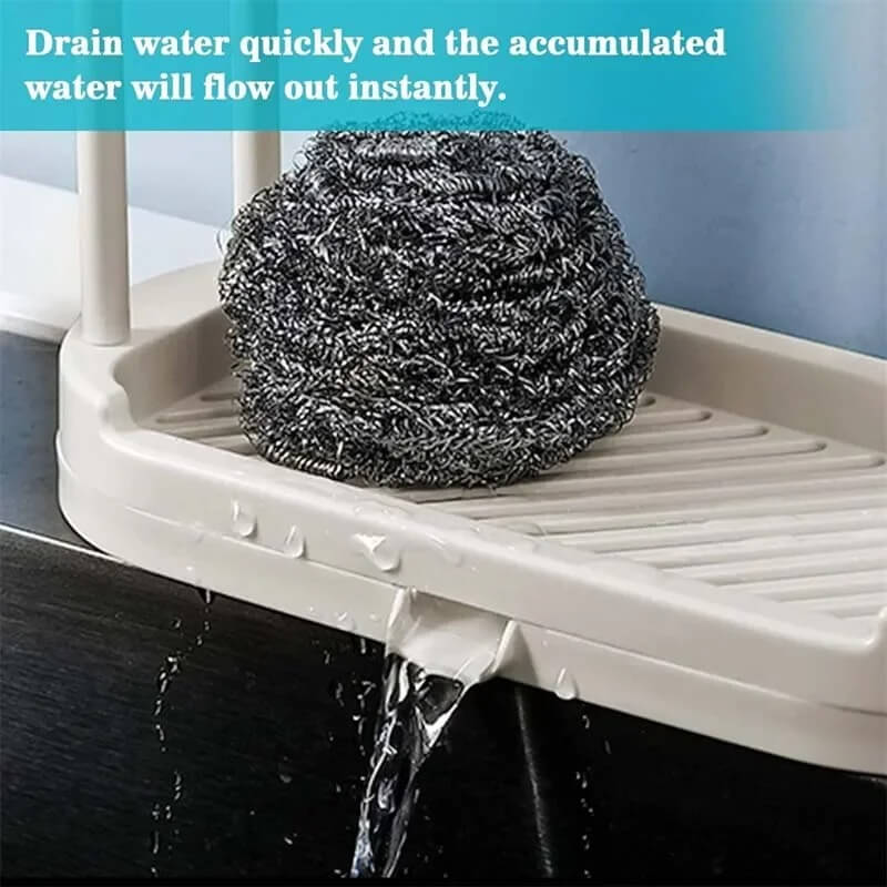 Scrubber on a draining rack with water flowing out, text indicating quick drainage.
