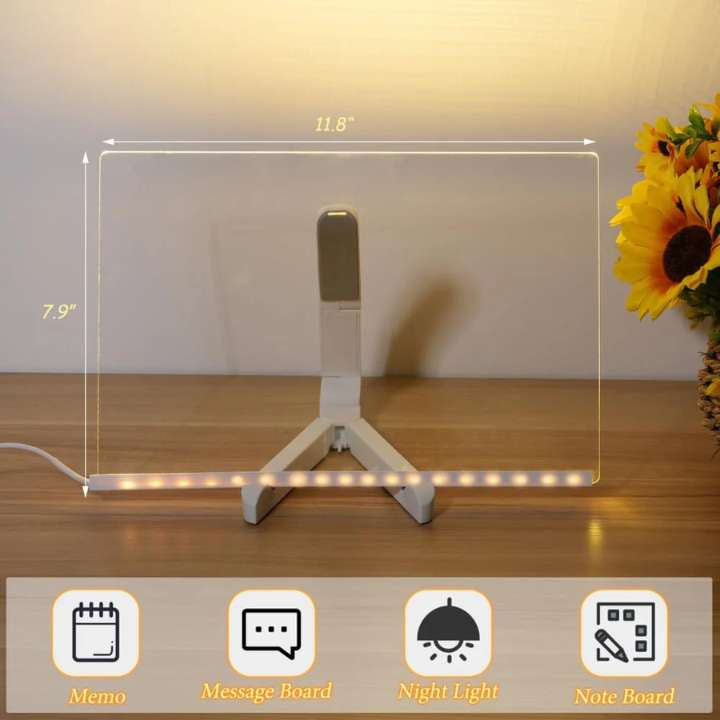 Table lamp with dimensions and features on a wooden surface with a sunflower decoration.