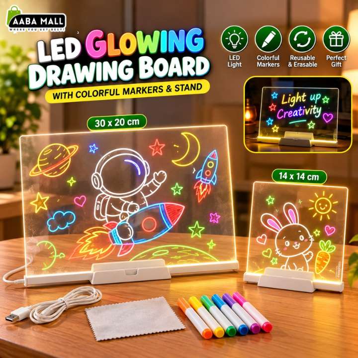 LED Glowing Drawing Board for Kids with colorful markers and stand reusable acrylic writing message board night light painting board for boys and girls