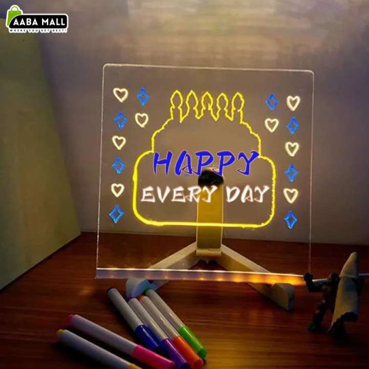 LED Glowing Drawing Board for Kids with Colorful Markers & Stand | Acrylic Writing Message Board Night Light | Reusable Erasable Painting Board Educational Gift for Boys & Girls (14x14cm / 30x20cm)