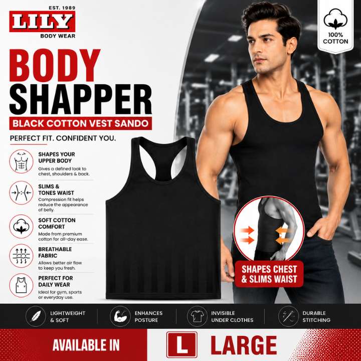 LILY Body Shaper Black Cotton Vest Sando Inner Wear | Slim Fit Undergarment for Men & Women