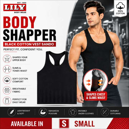 LILY Body Shaper Black Cotton Vest Sando Inner Wear |Premium Tummy Controller Undergarment for Men & Women