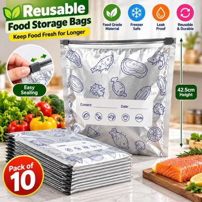 Large Aluminum Foil Anti-Bacterial Preservation Bag Pack of 10 reusable food storage bags for fridge freezer kitchen organization and food freshness preservation.