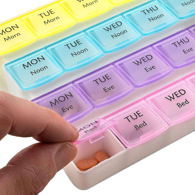 Large weekly pill organizer with 4 compartments per day