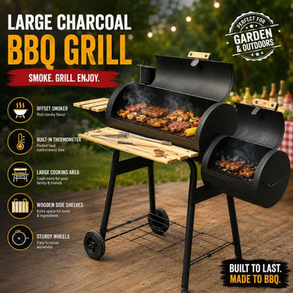 Large charcoal BBQ grill with cooking food, surrounded by outdoor elements.