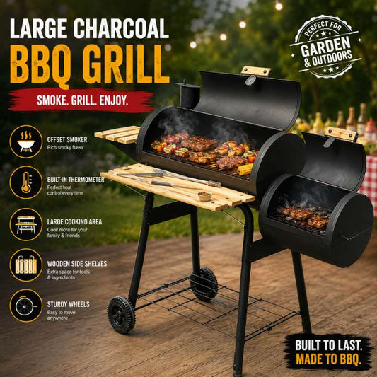 Large charcoal BBQ grill with cooking food, surrounded by outdoor elements.