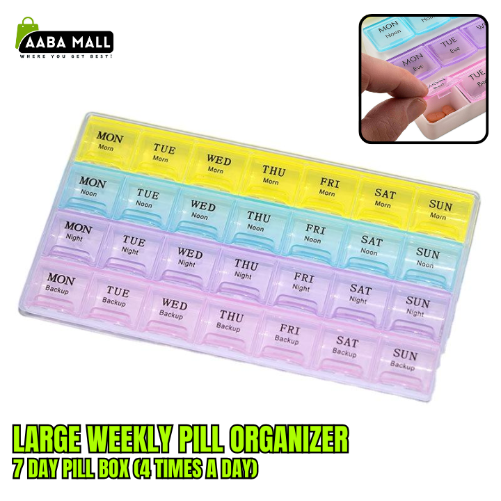 Large weekly pill organizer with 4 compartments per day