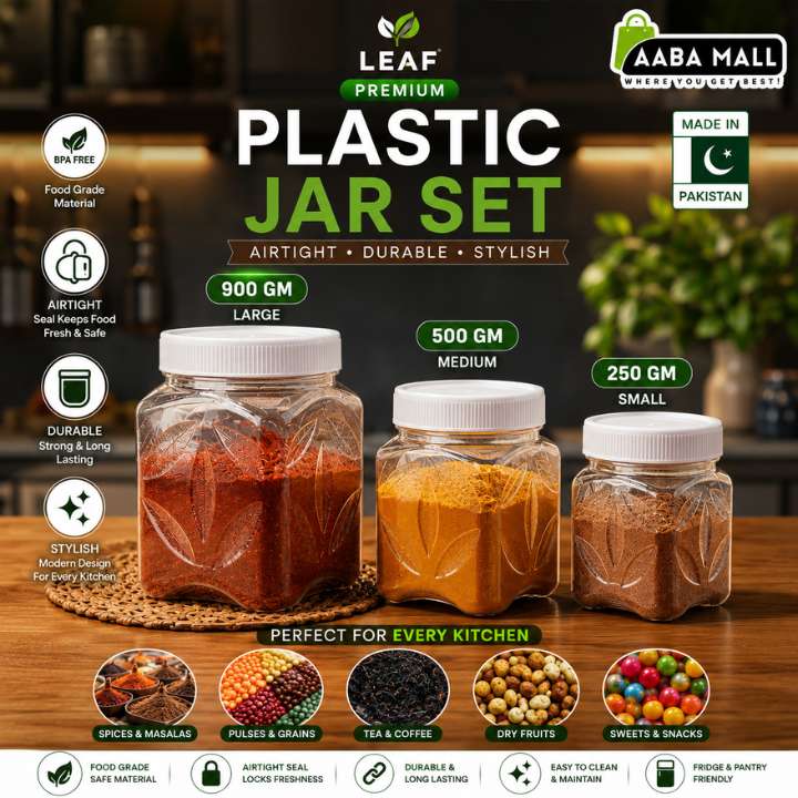 Three plastic jars with white lids on a wooden surface, labeled 'Leaf Premium Plastic Jar Set' with product details.