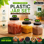 Set of plastic jars with different capacities on a wooden surface, featuring Aaba Mall branding.