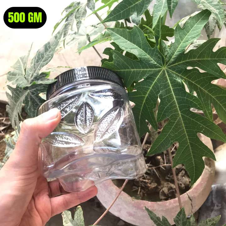 Clear jar with black lid held in front of a plant