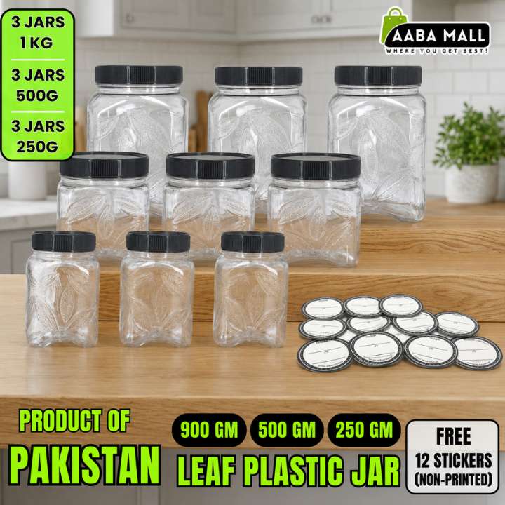 9 Pcs Leaf Jar Set + 12 Stickers | Transparent Kitchen Storage Containers | Airtight Food Jars with Black & White Lids | Pantry Organization Jars 900gm, 500gm, 250gm