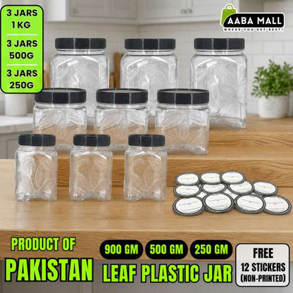 9 Pcs Leaf Jar Set + 12 Stickers | Transparent Kitchen Storage Containers | Airtight Food Jars with Black & White Lids | Pantry Organization Jars 900gm, 500gm, 250gm