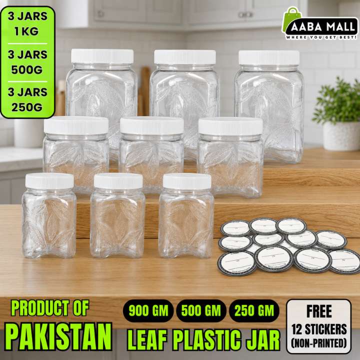 9 Pcs Leaf Jar Set + 12 Stickers | Transparent Kitchen Storage Containers | Airtight Food Jars with Black & White Lids | Pantry Organization Jars 900gm, 500gm, 250gm