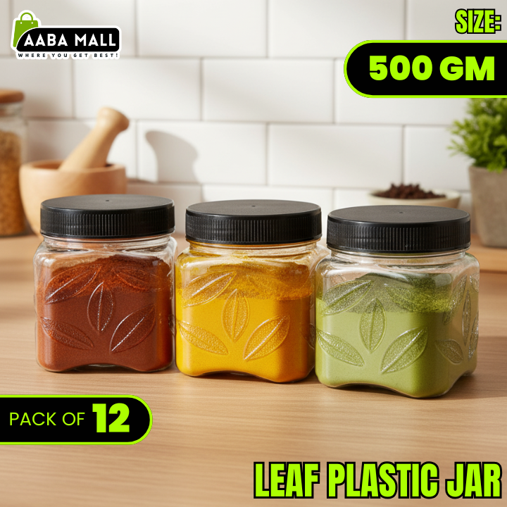 leaf jar, 500gm jar, plastic container, airtight jar, food storage jar, kitchen organizer, BPA free jar, transparent jar, snack jar