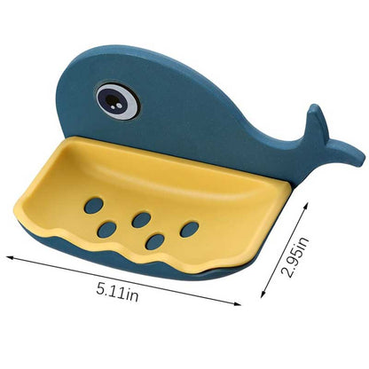 Whale-shaped soap dish with measurements on a white background