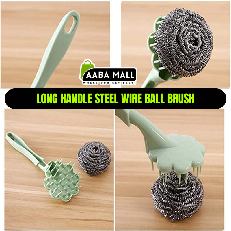 Long Handle Steel Wire Ball Brush | Heavy-Duty Scrubbing Brush for Pots, Pans & Grills - AABA MALL