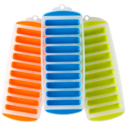 Three colorful silicone ice cube trays on a white background