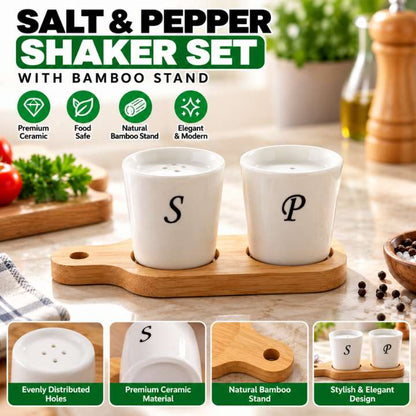 2 Pcs luxury ceramic salt and pepper shaker set with bamboo stand for kitchen dining table seasoning storage