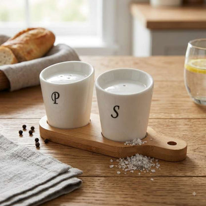2 Pcs luxury ceramic salt and pepper shaker set with bamboo stand for kitchen dining table seasoning storage