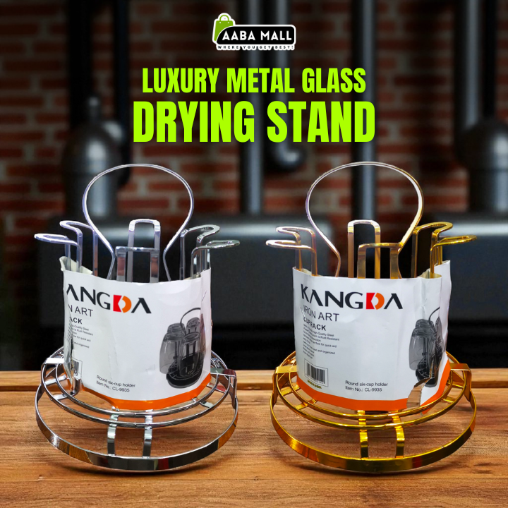 Luxury Metal Glass Drying Rack ? 6-Cup Holder with Fixators, Mug Drainer & Organizer Stand for Kitchen Counter ? Water Mug Drying Shelf for Home & Household Use - AABA MALL