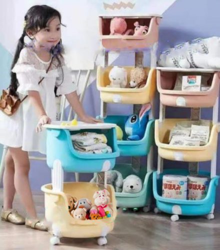 Kids Toy Storage Trolley Organizer 2 Tier Rolling Cart Playful Colors Children Playroom Decor Doll Activity Rack Shelf - AABA MALL