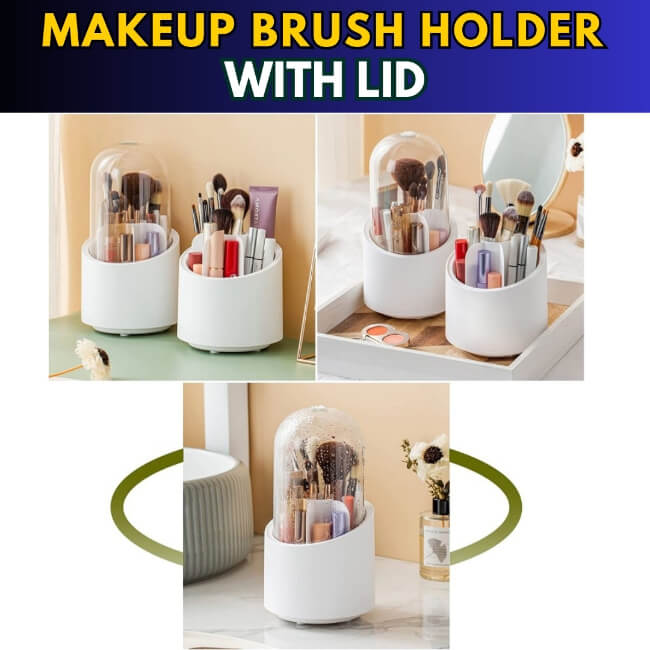 White makeup brush holder with lid shown from multiple angles on a light background.