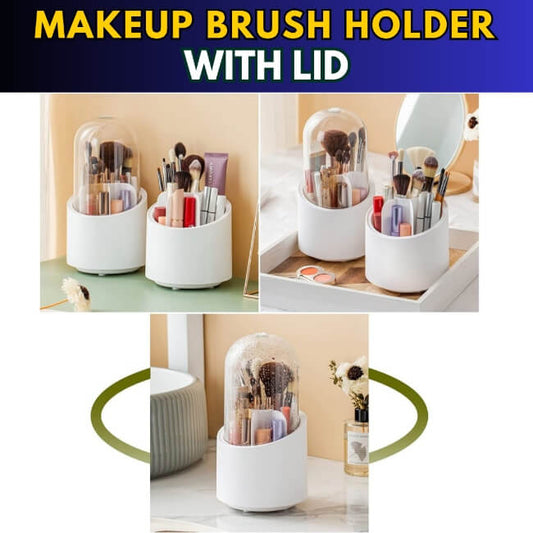 White makeup brush holder with lid shown from multiple angles on a light background.