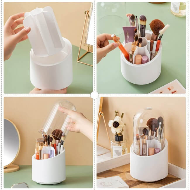 White makeup organizer with various cosmetic items on a green background