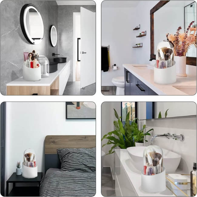 Collage of four bathroom scenes with various settings and decor elements.