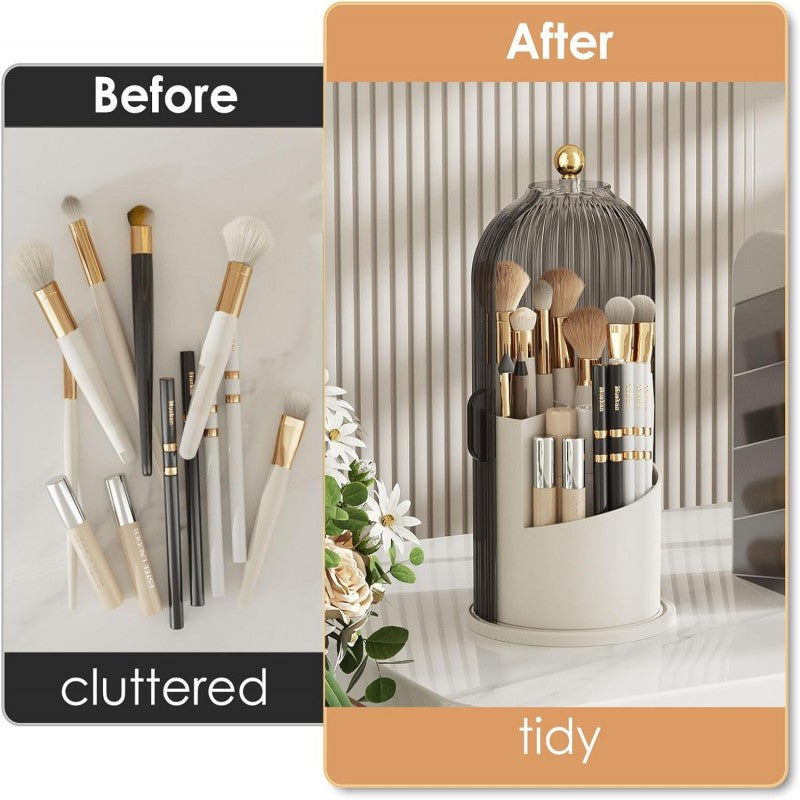 Makeup Brush Holder Organizer with Lid – 360° Rotating Vanity Storage (Gray)